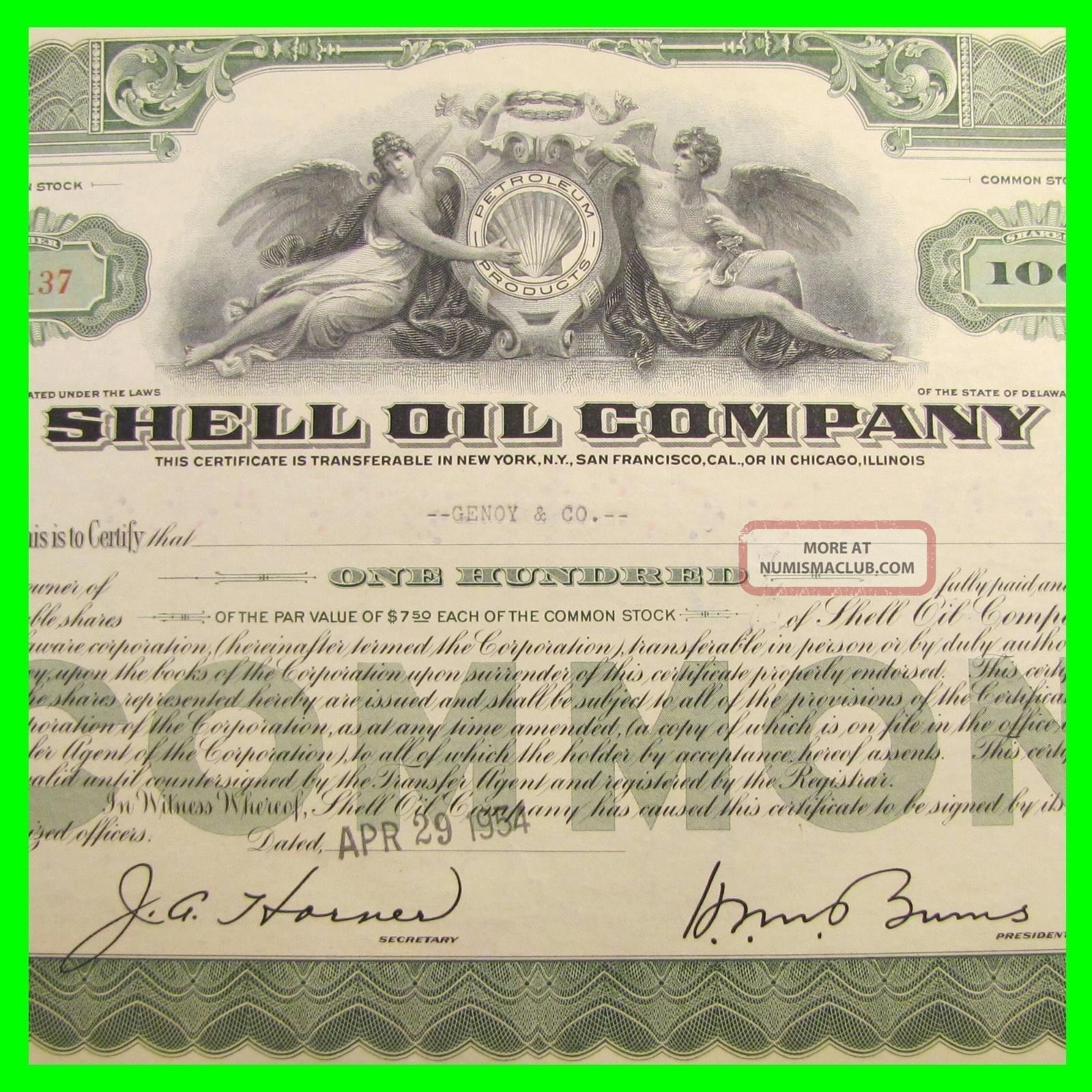 Shell Oil Company Stock Certificate Green 100 Shares April 29, 1954