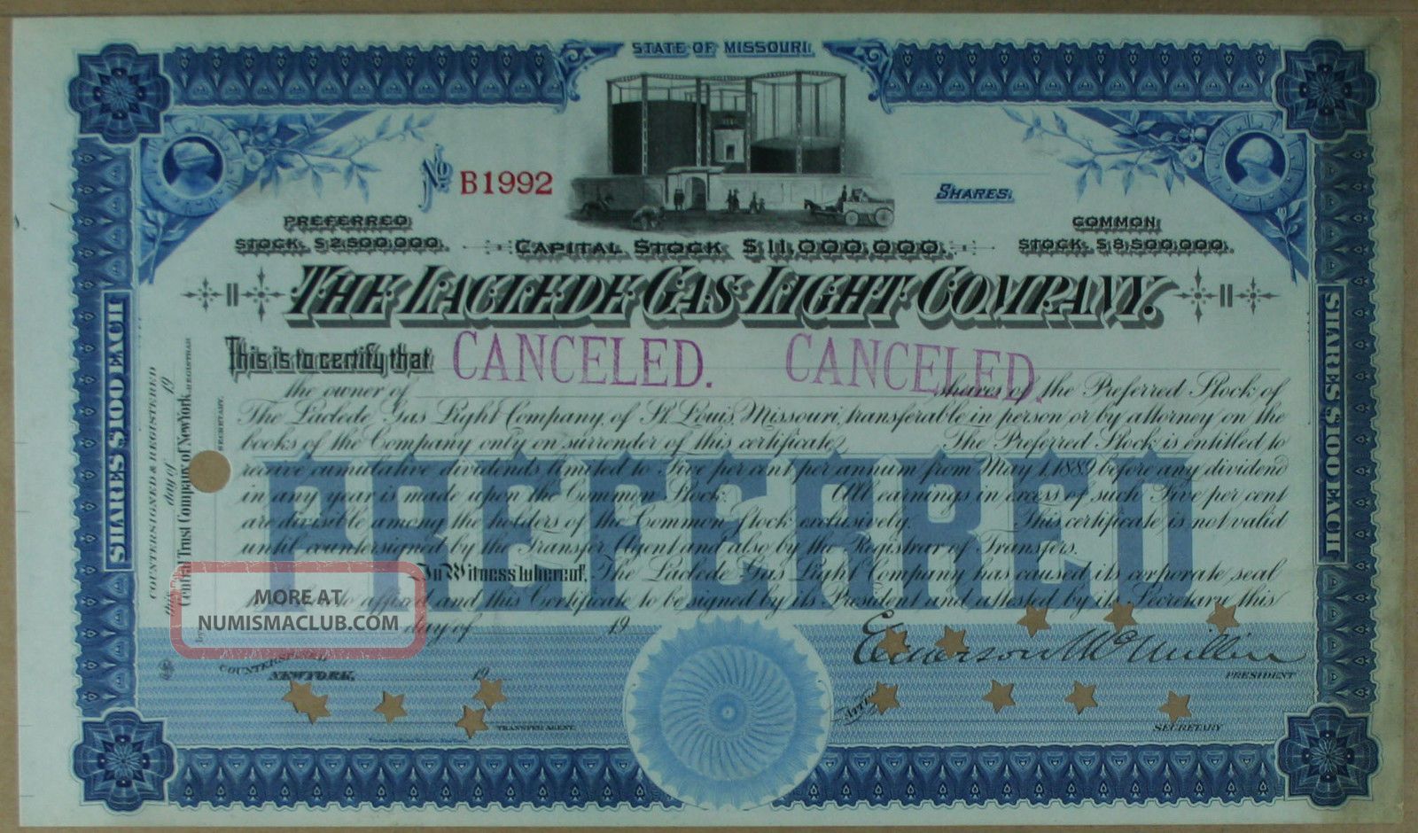 S1149 Laclede Gas Light Company Stock Certificate Blue Unissued Stocks & Bonds, Scripophily photo