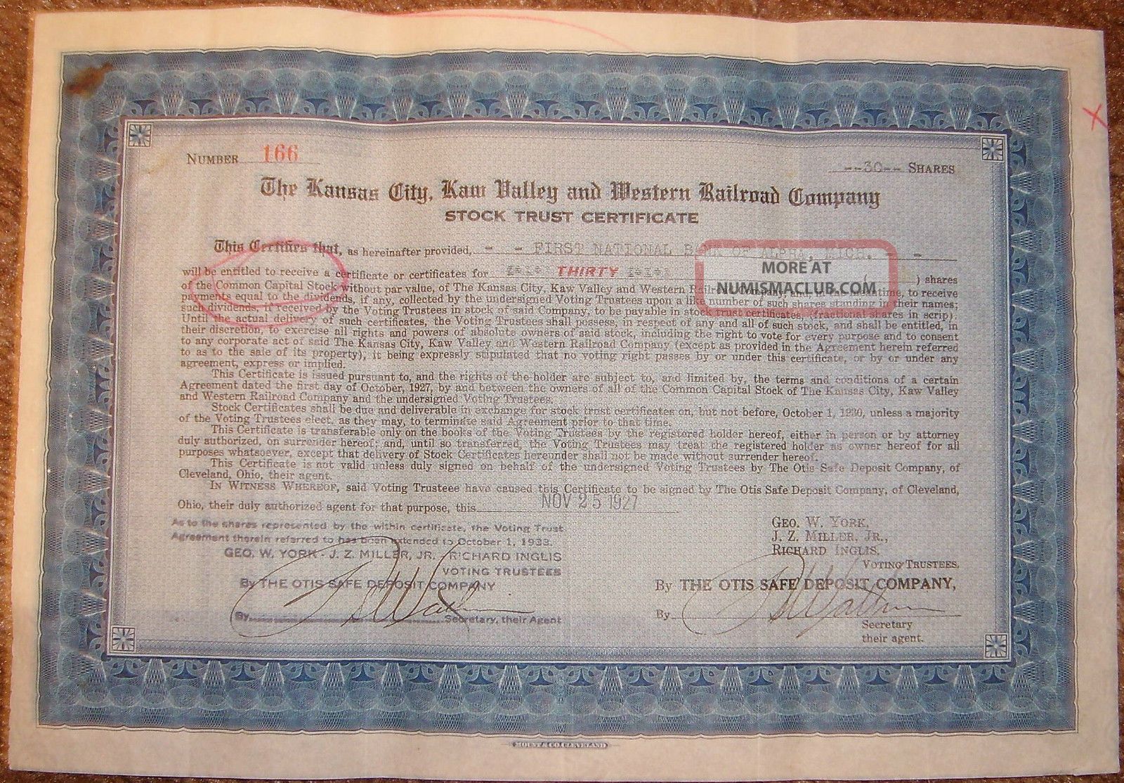 1927 The Kansas City Kaw Valley & Western Railroad Co.  Stock Trust Certificate Transportation photo