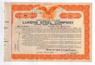 Lukens Steel Company Stock Certificate photo