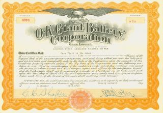 1920 Stock Certificate - O.  K.  Giant Battery Corporation,  Gary,  Indiana photo
