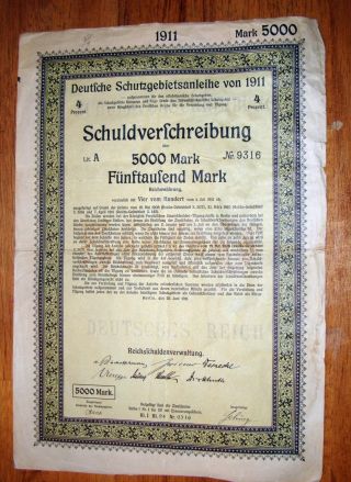 Deutfche Schutzgebietsanleihe Von 1911 5000 Mark Certificate photo