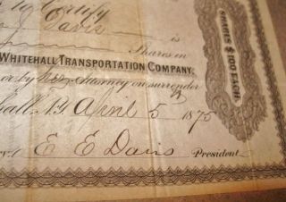 Antique Railway Stock Certificate Whitehall Transportation Company E.  Davis 1875 photo