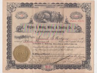 Wickenburg,  Az.  Virginia C.  Mining,  Milling,  Smelting,  Stock Certificate,  3000 Shares photo