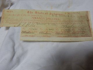 Old 1861 Arkansas Confederate $20 Civil War Bond - photo