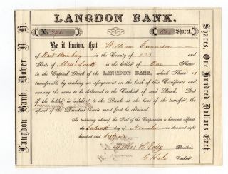 1861 Langdon Bank Stock Certificate - Hampshire photo