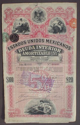 Mexico 5 Bond 20 £ Deuda Interior Amortizable Letra E 1896 Uncancelled Coupons photo