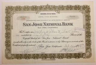 1929 San Jose National Bank Stock Certificate California Stock Market Crash photo