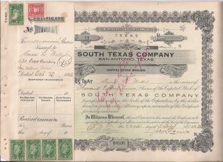 Vintage 1923 South Texas Company San Antonio Stock Certificate 1015 Shares photo