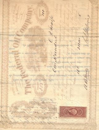 U.  S.  Scott R47 Red 25 Cent Life Insurance Revenue On 1865 Federal Oil Stock Cert photo