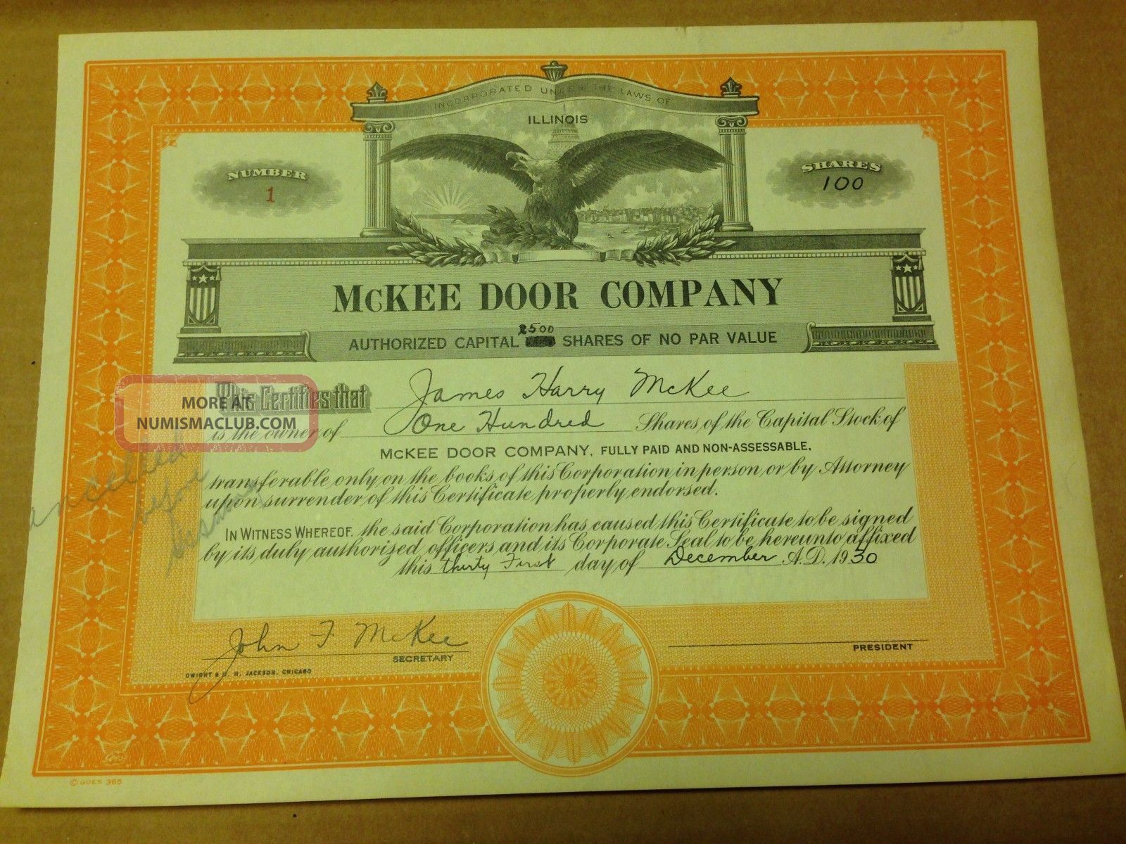 Mckee Door Company Stock Certificate,  Aurora,  Il,  Issued 1930,  First Issue Stocks & Bonds, Scripophily photo