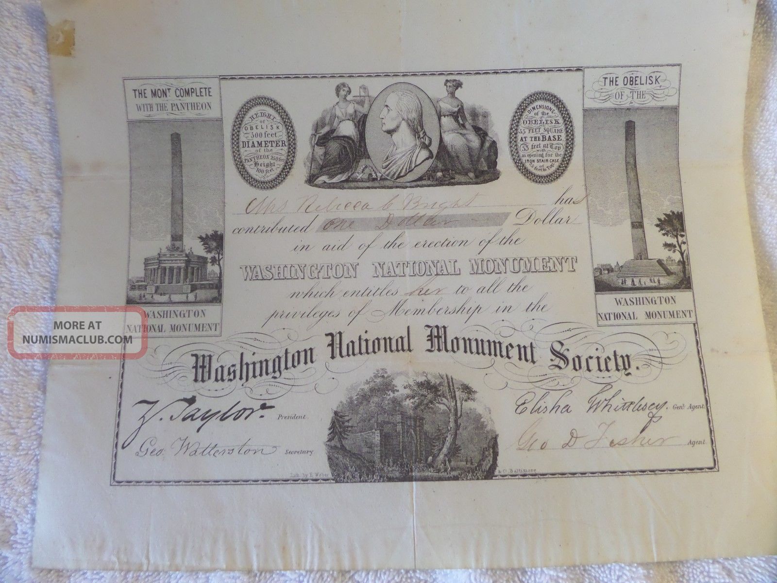 Rare Washington National Monument Society Certificate Undated 1840s Stocks & Bonds, Scripophily photo