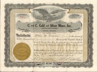 1915 C And C Gold And Silver Mines Calif I/u Stock Certificate 100 Shares Inyo A photo