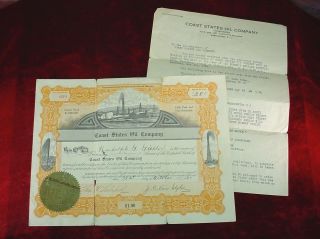 1921 Coast States Oil Company Delaware Stock Certificate Goose Creek Houston Tx photo