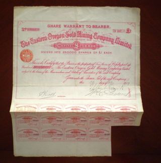 Eastern Oregon Gold Mining Co.  Ltd.  Share Certificate 1889 photo