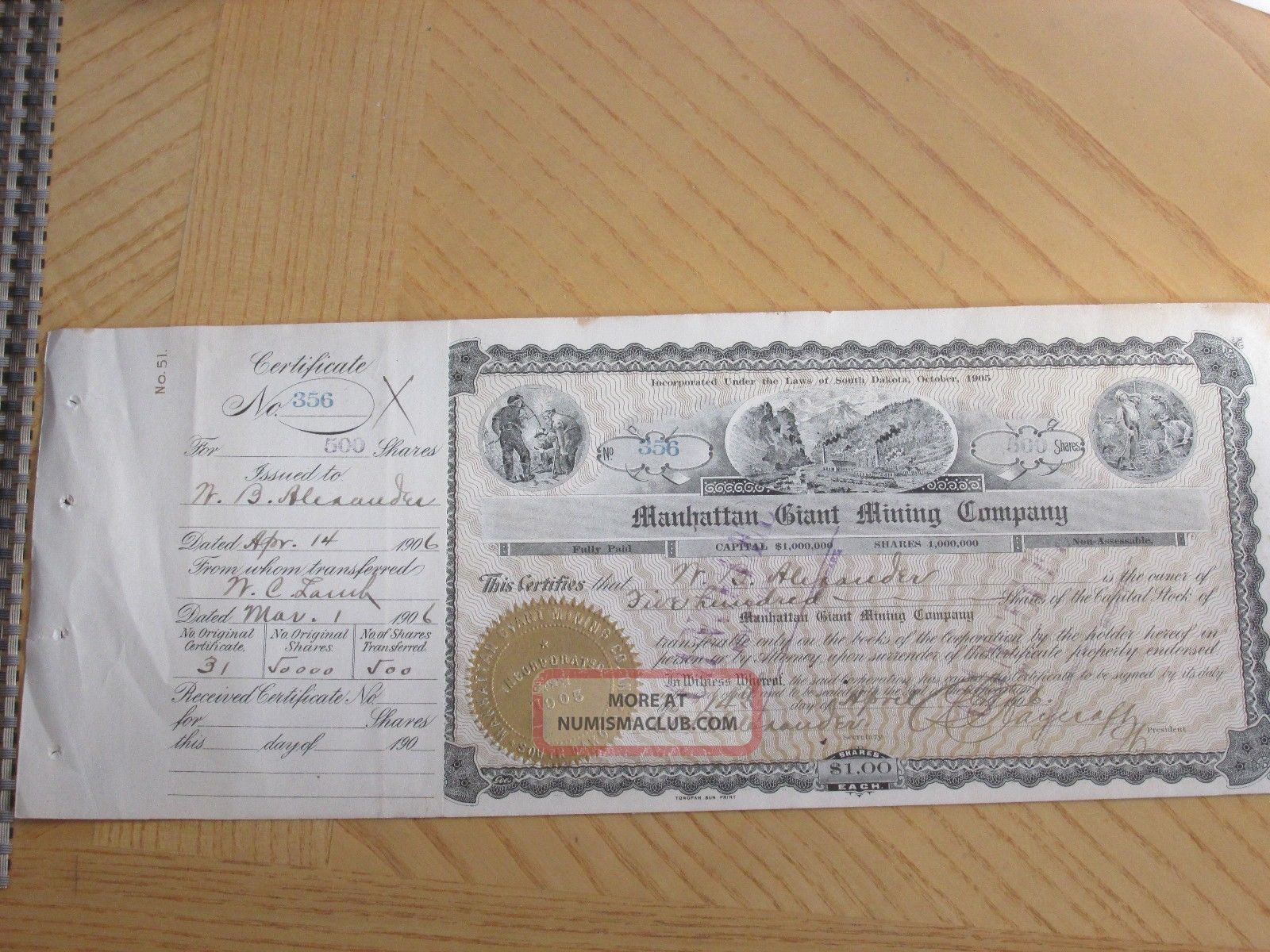 Manhattan Giant Mining Company. ,  Stock Certificate,  500 Shares 1906 Stocks & Bonds, Scripophily photo