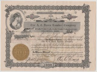 Vintage A C Davis Lumber Co Stock Certificate 20 Shares 1909 Columbus Ohio photo