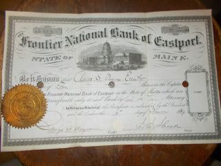 Frontier National Bank Of Eastport,  Maine Stock Certificate2 Folds - - - Punched Ca photo