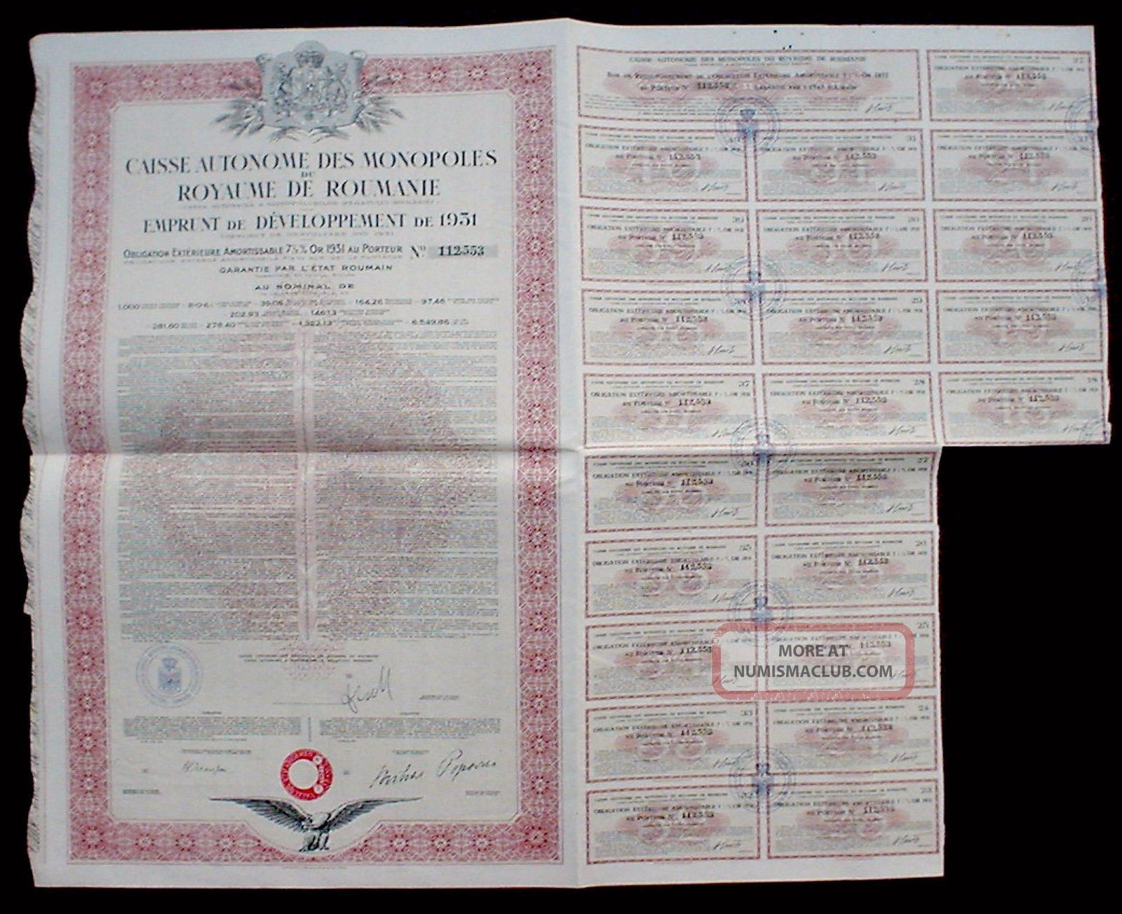 7 - 1/2 Obligation Gold Loan Kingdom Of Rumania 1931 Uncancelled,  Coupon Sheet Stocks & Bonds, Scripophily photo