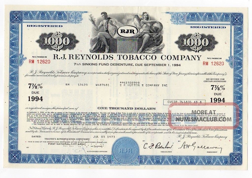 R.  J.  Reynolds Tobacco Company Stocks & Bonds, Scripophily photo