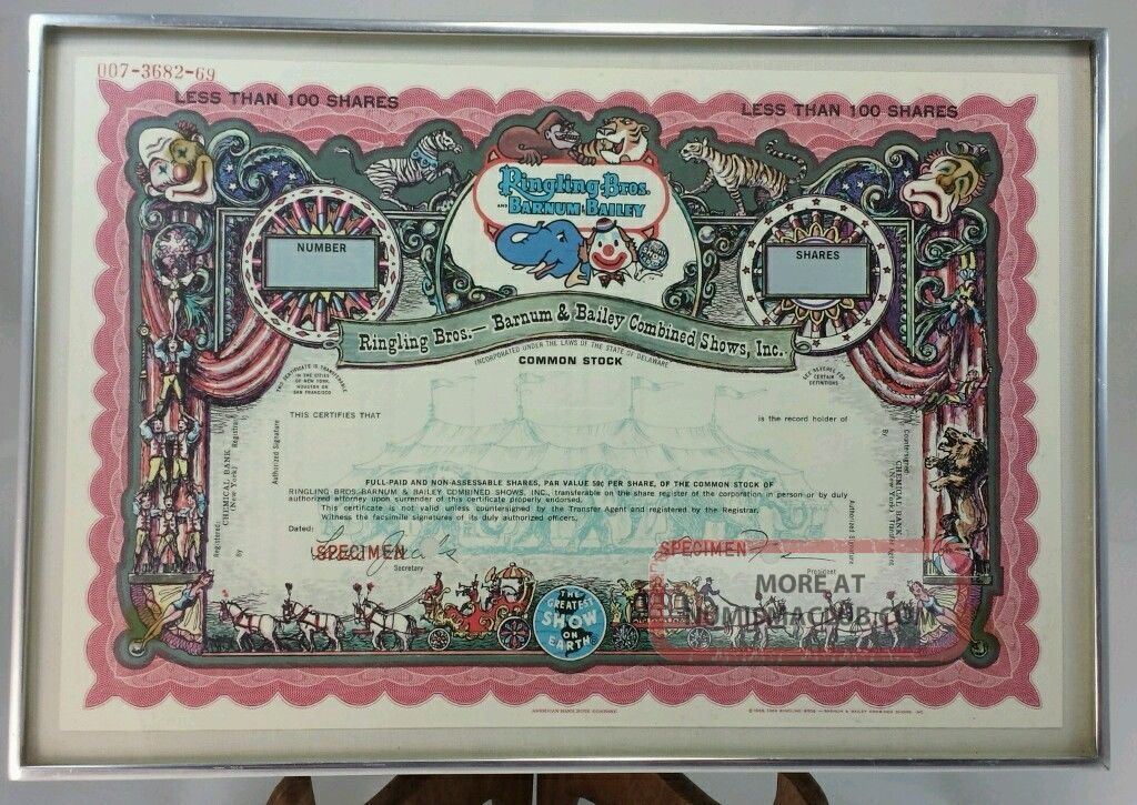 Ringling Bros.  Barnum & Bailey Combined Shows Circus Red Stock Certificate Stocks & Bonds, Scripophily photo