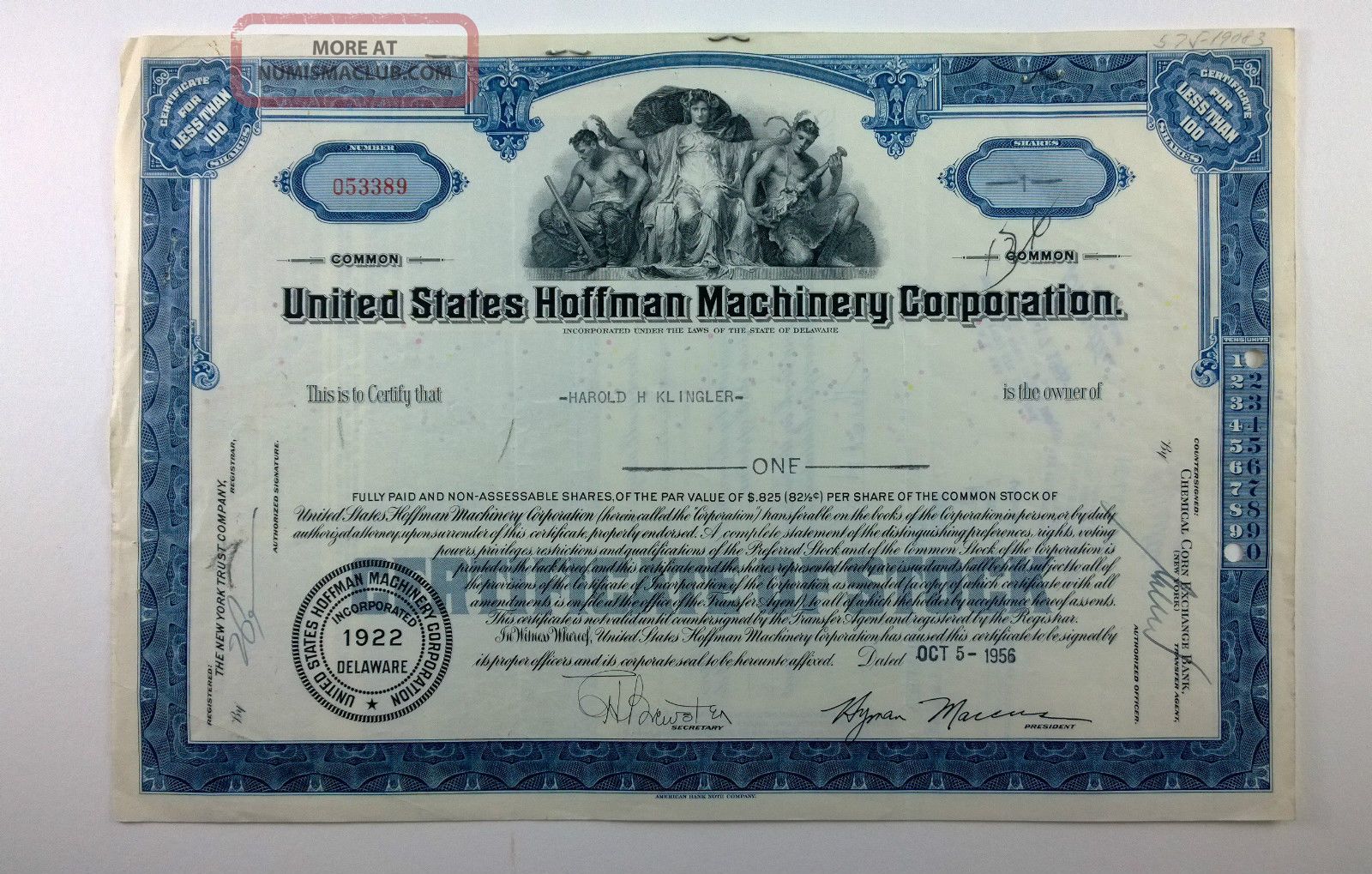 United States Hoffman Machinery Corporation,  Stock Certificate,  Delaware Stocks & Bonds, Scripophily photo
