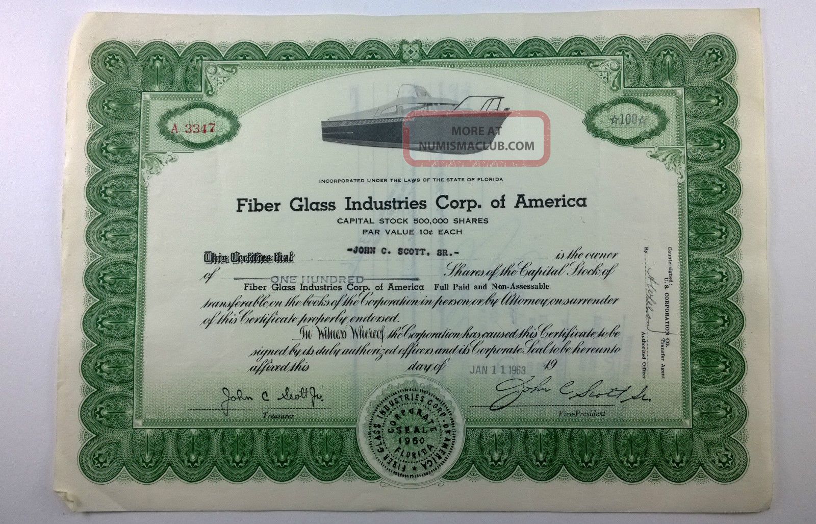 Fiber Glass Industries Corp.  Of America,  Stock Certificate,  Florida,  Boating Stocks & Bonds, Scripophily photo