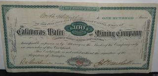 1882 Dated Certificate For 100 Shares In The Calaveras Water & Mining Co.  - Issued photo