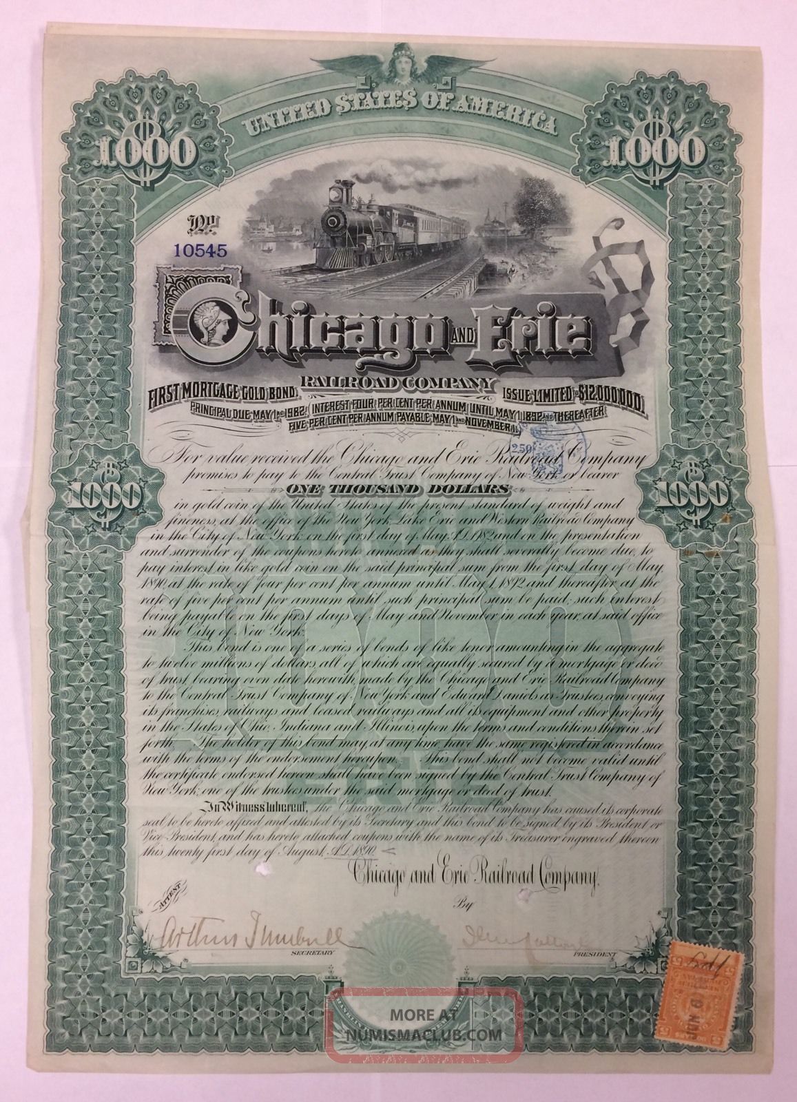 $1000 Chicago Erie Railroad Company First Mortage Gold Bond 1890