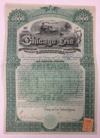 $1000 Chicago & Erie Railroad Company First Mortage Gold Bond 1890 photo