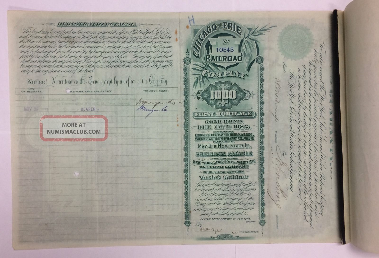 $1000 Chicago Erie Railroad Company First Mortage Gold Bond 1890