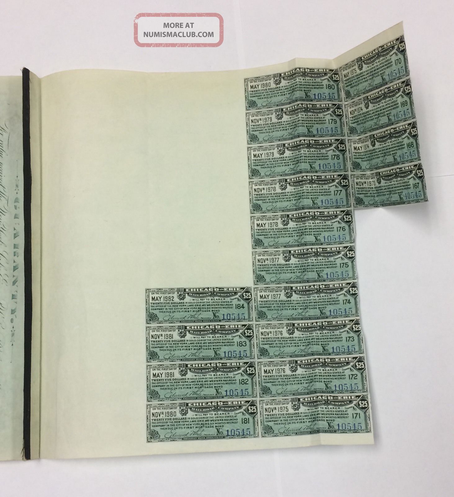$1000 Chicago Erie Railroad Company First Mortage Gold Bond 1890