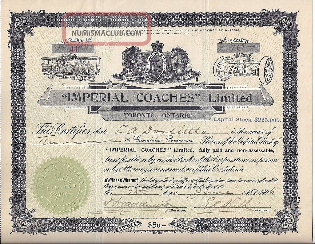 Imperial Coaches Limited Stock Certificate 1906,  Early Buses,  Toronto Transportation photo