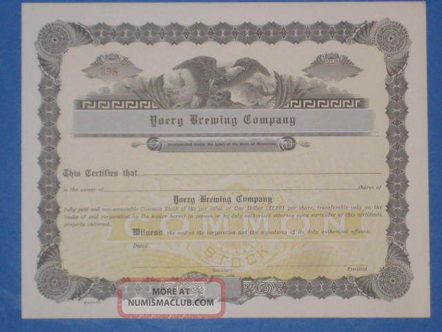 Unissued Yoerg Brewing Company Stock Certificate 1942 Beer Stocks & Bonds, Scripophily photo