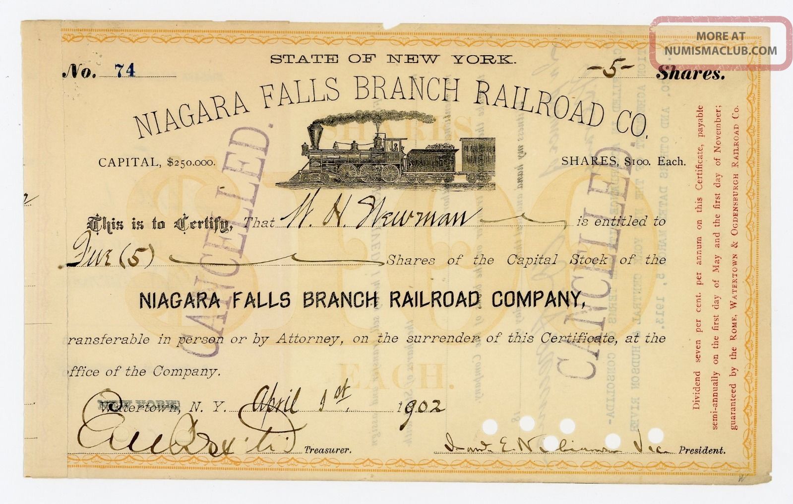 1902 Niagara Falls Branch Railroad Stock Certificate Transportation photo