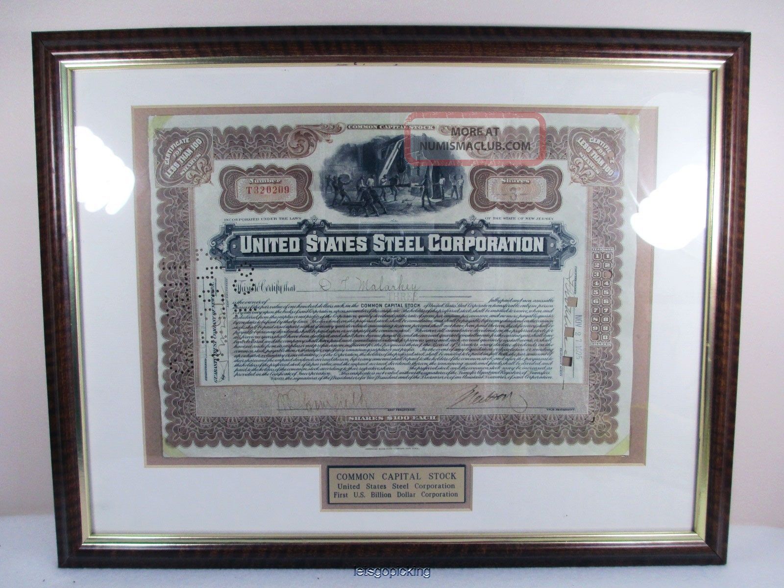 Us Steel Corporation Stock Certificate Framed W Certificate Of Authenticity Stocks & Bonds, Scripophily photo