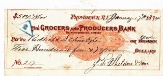 1874 Check Providence,  Rhode Island.  Grocers & Producers Bank photo
