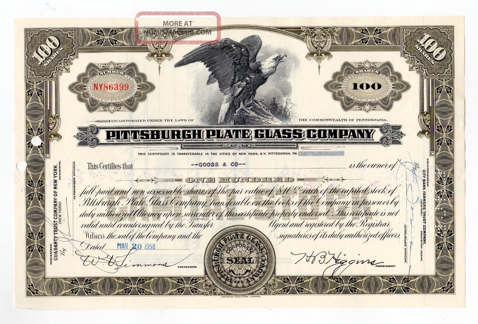 Pittsburgh Plate Glass Company Stock Certificate Stocks & Bonds, Scripophily photo