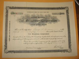 1920 Stock For A Building In Nyc 718 Broadway Corporation 50 Shares York Ny photo