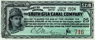 1904 July Terrytory Of Arizona The South Gila Canal Company Bond - Scarce photo