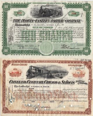 1941 - 44 World War 2 Era Railroad Stocks - Peoria & Eastern Plus Cleve Cinc Chic - photo