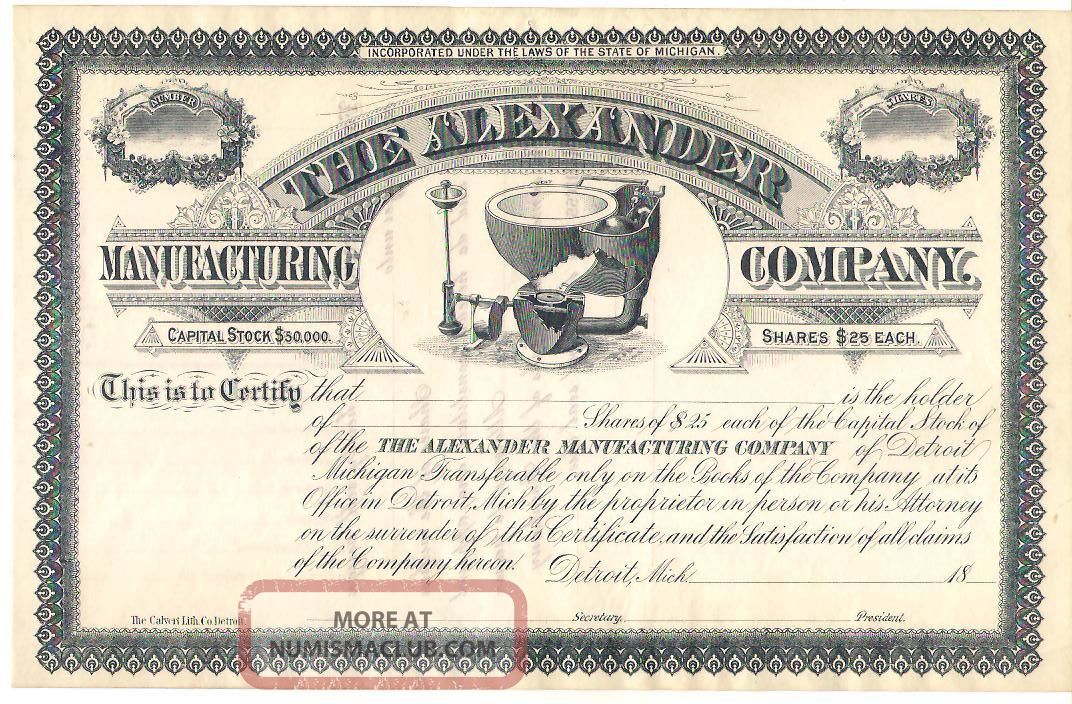 Stock Certificate For The Alexander Manufacturing Co 1800 ' S Detroit Mich Stocks & Bonds, Scripophily photo