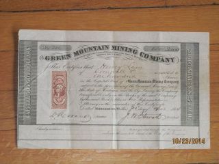 1864 Green Mountain Mining Company Stock Certificate,  Signed By Gov.  J.  W.  Stuart photo