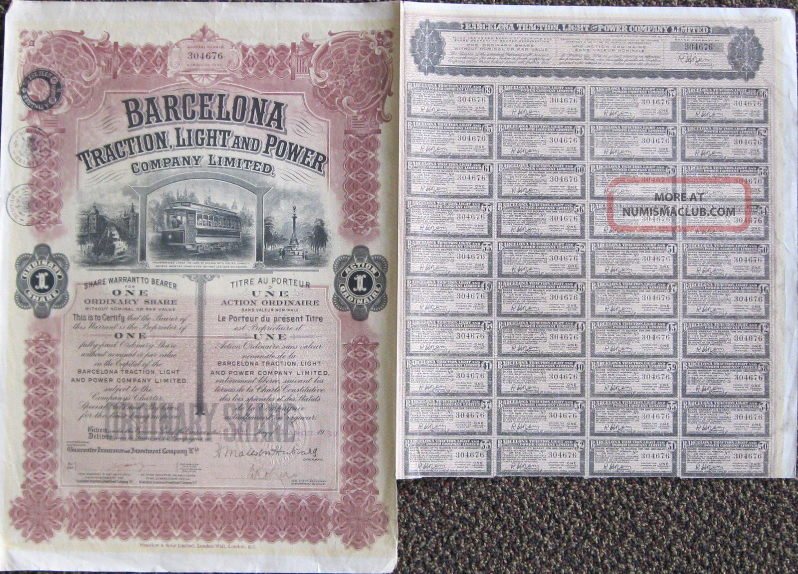 S769 Barcelona Traction,  Light & Power Co Ltd 1932 Warrant Bond Certificate Stocks & Bonds, Scripophily photo