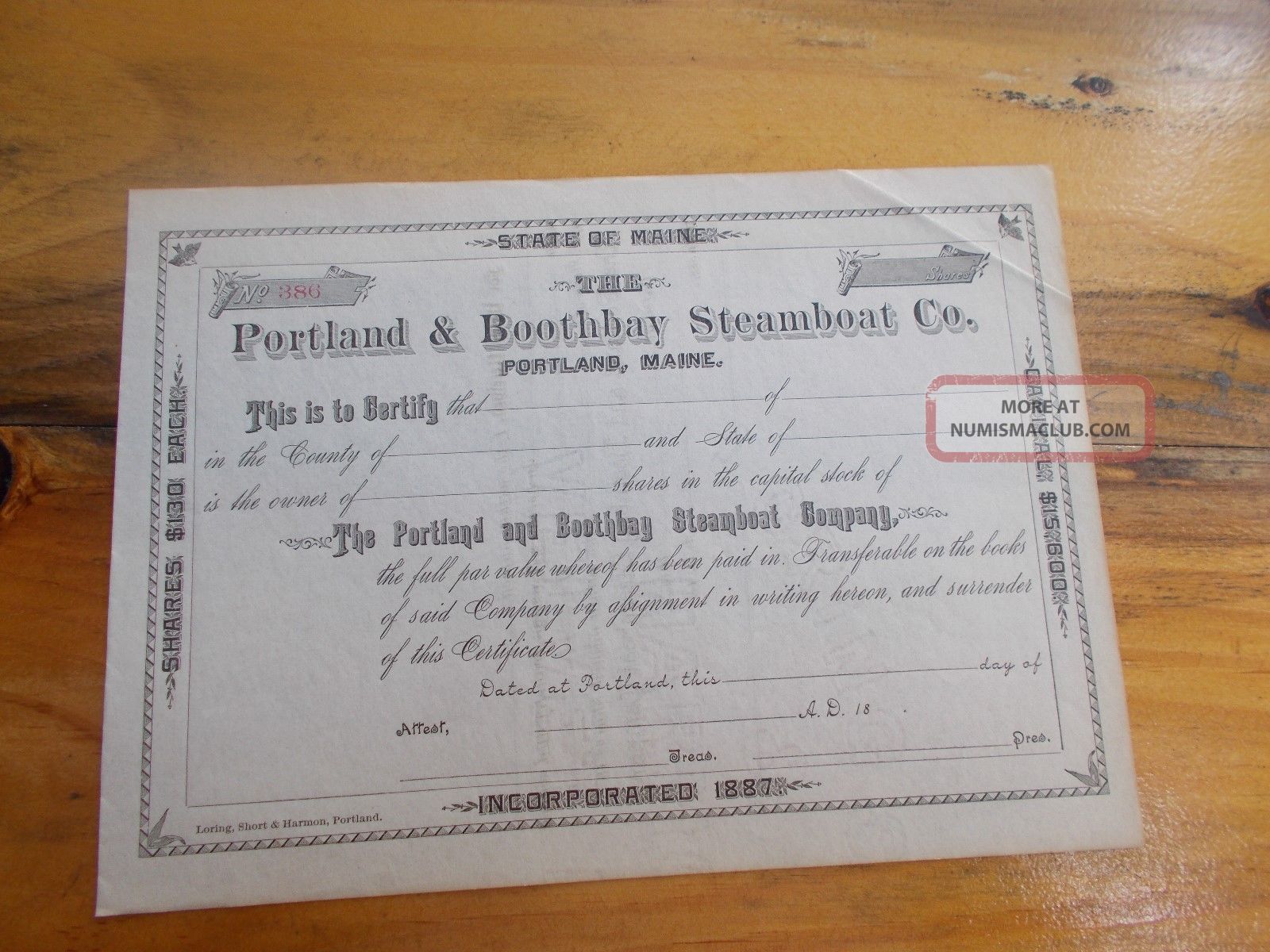 Portland & Boothbay Steamship Co.  Portland,  Maine Unissued 18 - - Stocks & Bonds, Scripophily photo
