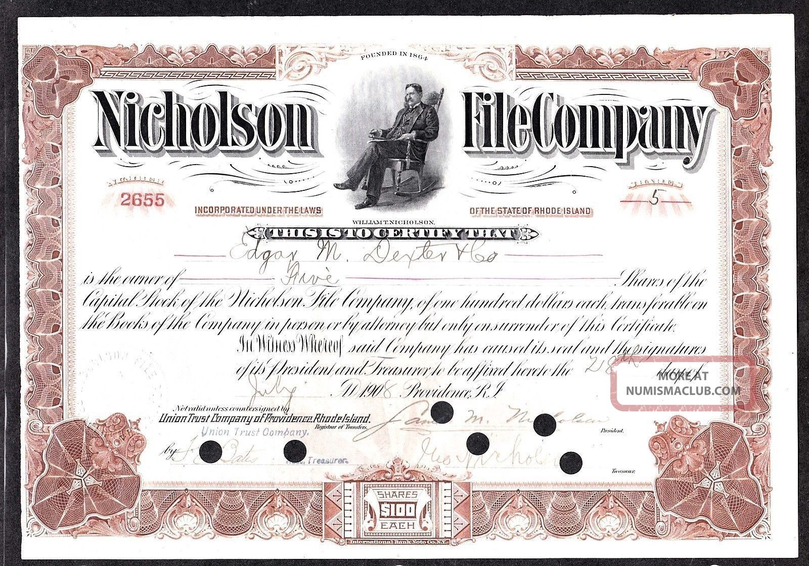 1908 Nicholson File Company Stock Certificate Stocks & Bonds, Scripophily photo