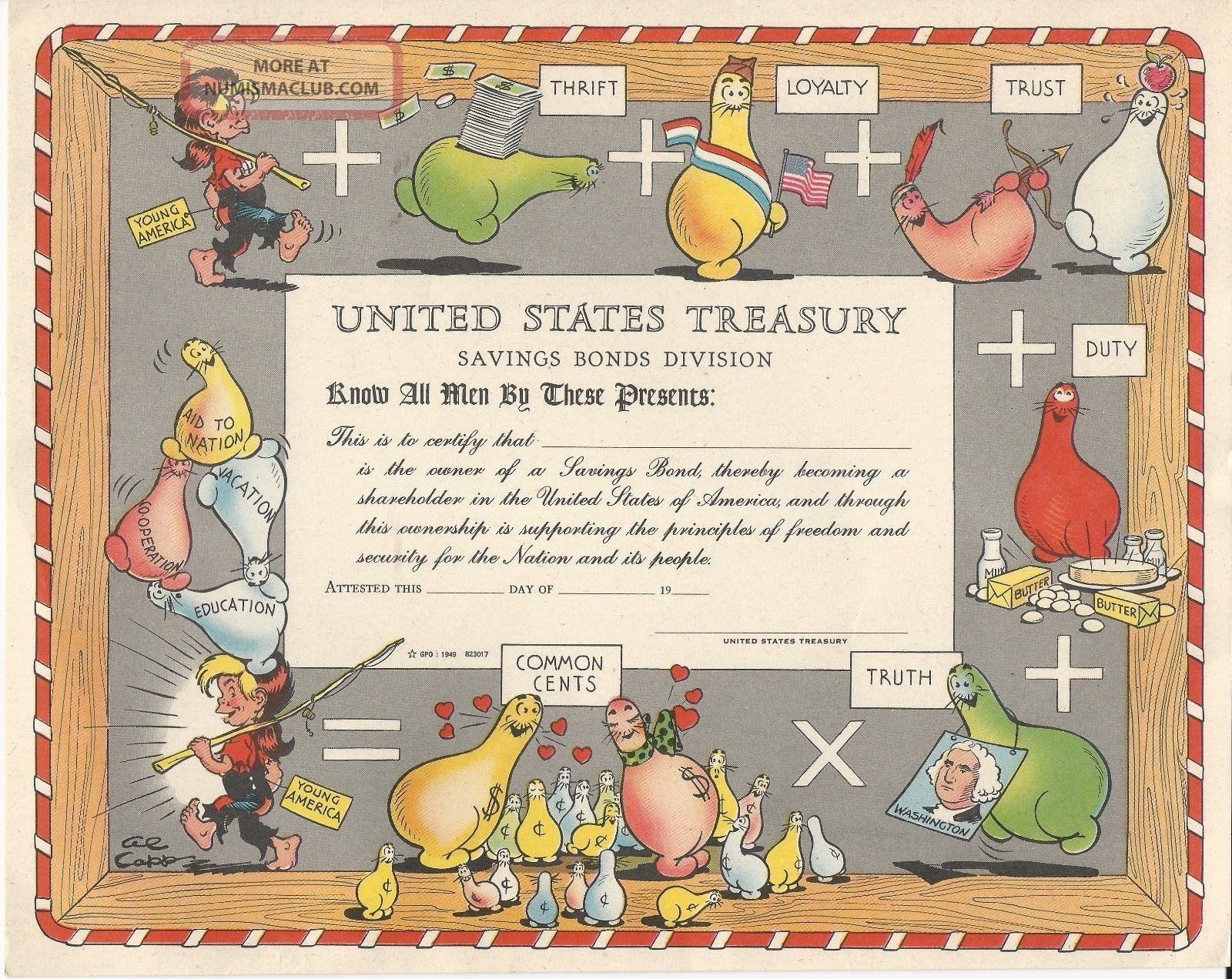 Disney U.  S.  Treasury War Finance Committee 1949 Bond Unissued With Copy Stocks & Bonds, Scripophily photo