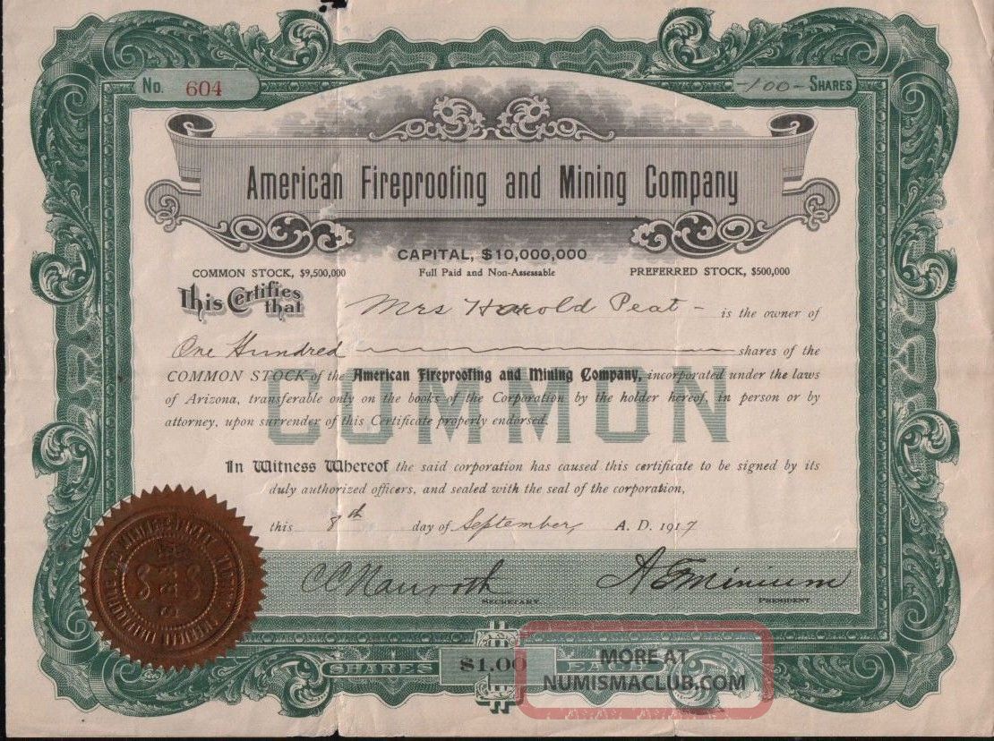 Stock Certificate - American Fireproof & Mining Company/$1/1917 Stocks & Bonds, Scripophily photo