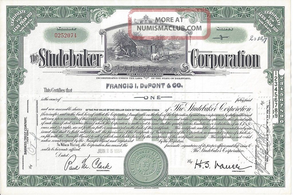 Studebaker Corporation Stock Certificate 1954,  Blacksmith Shop Vignette Transportation photo