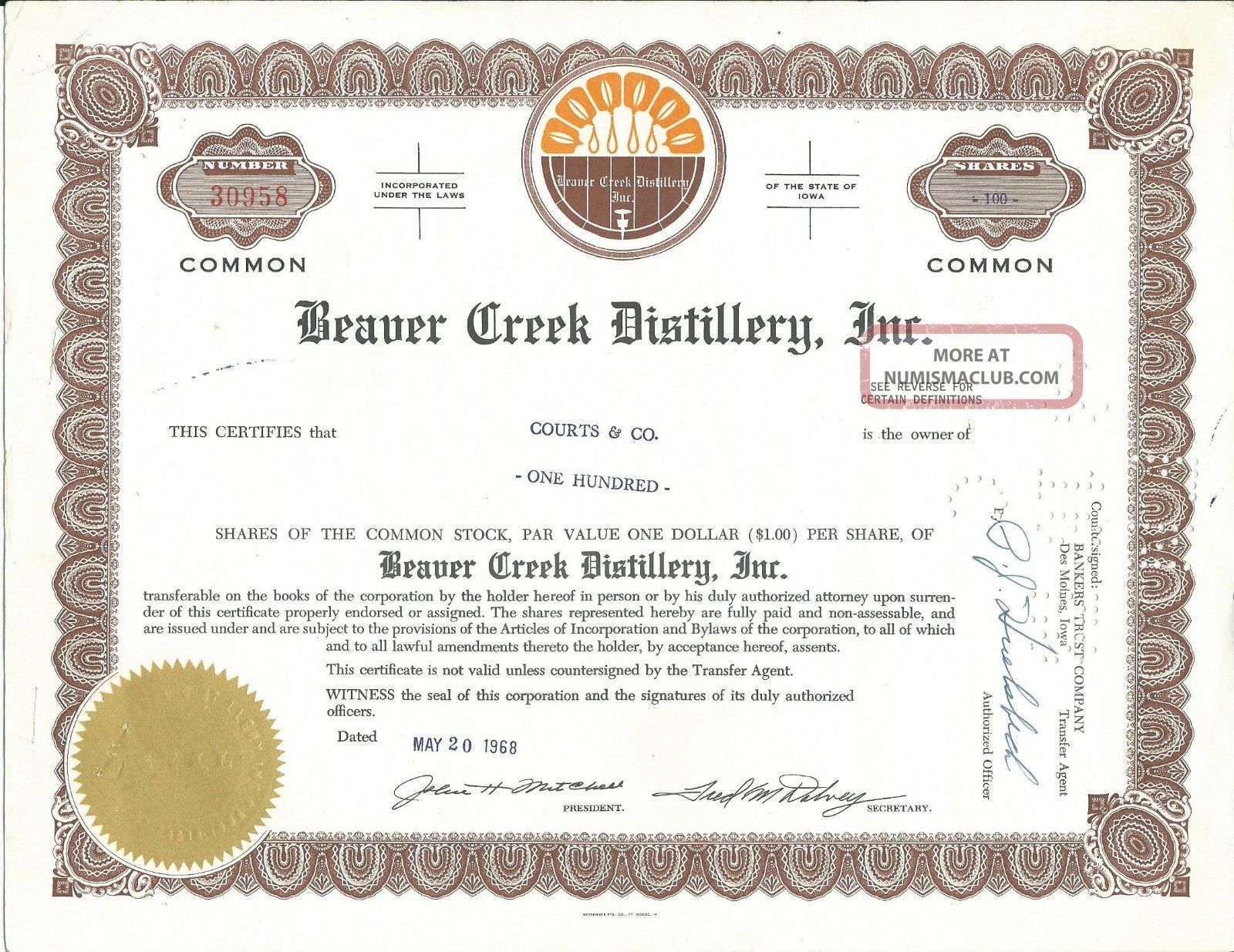 Beaver Creek Distillery Stock Certificate - Cancelled 100 Shares - Iowa 1968 Stocks & Bonds, Scripophily photo
